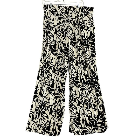 NWO Three Dots Loose-Fit Black & White Leaf Print Flare Leg Pants XL Polyester - Picture 5 of 11
